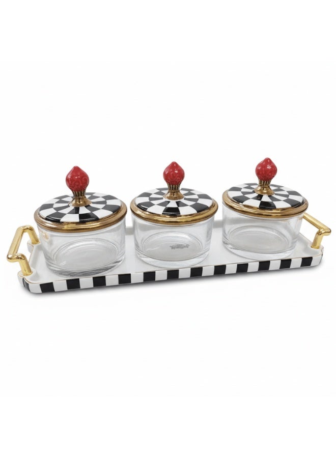 ماي فلاور طقم أوعية حلوى من الزجاج والسيراميك من مايفلاور مع صينية - 3 قطع، طقم تقديم وجبات خفيفة باللونين الأسود والأبيض (8*10 سم لكل وعاء) - Image 1